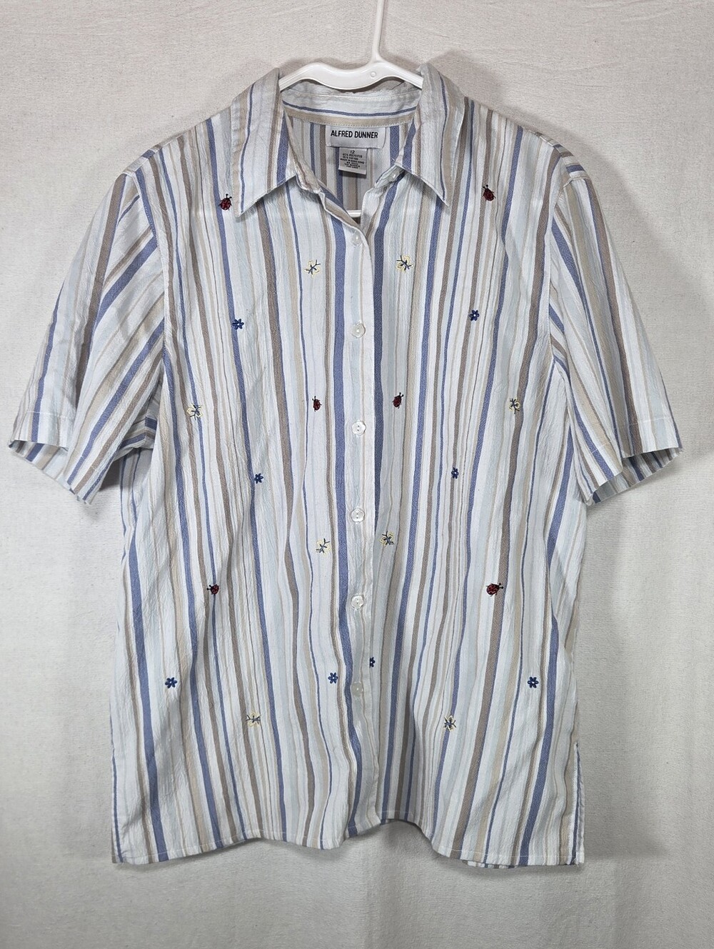 VTG Alfred Dunner Embroidered Ladybug Floral Striped Short Sleeve Shirt Sz 12